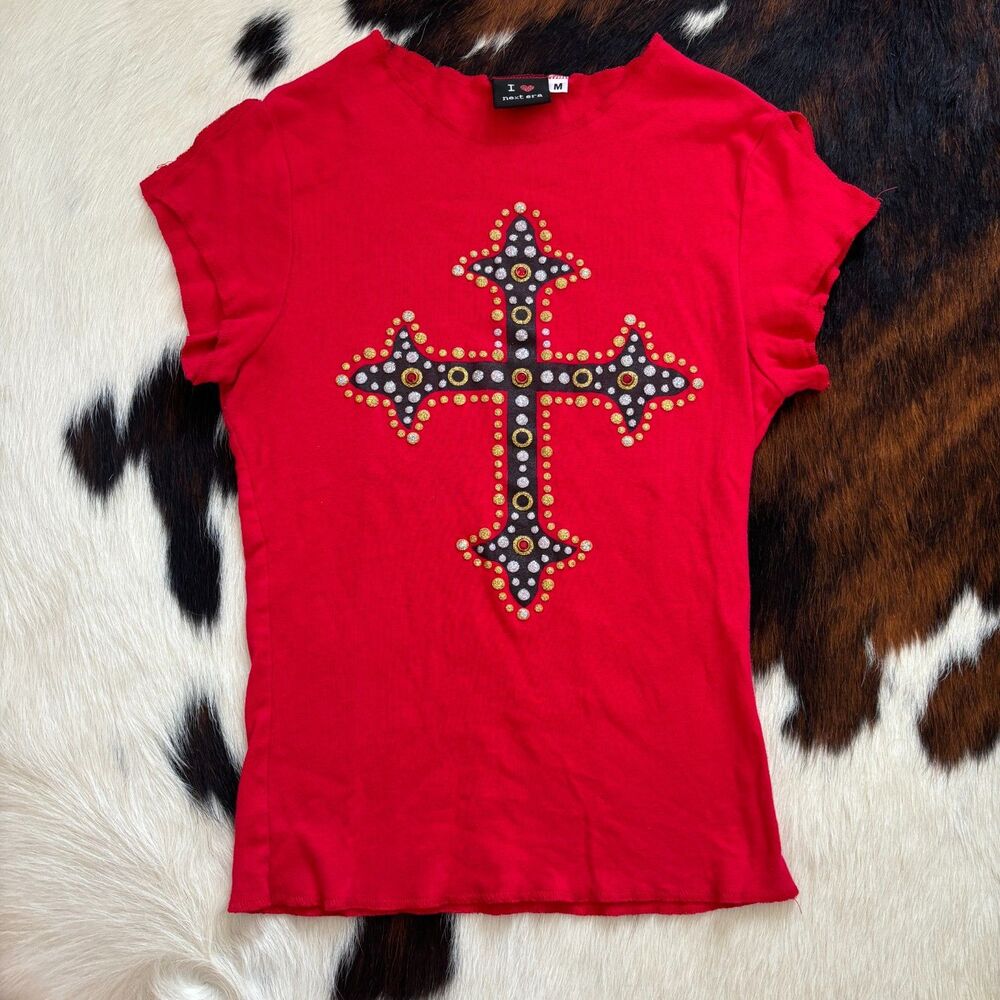 Rare Y2K I Love Next Era Bedazzled Cross Baby Tee